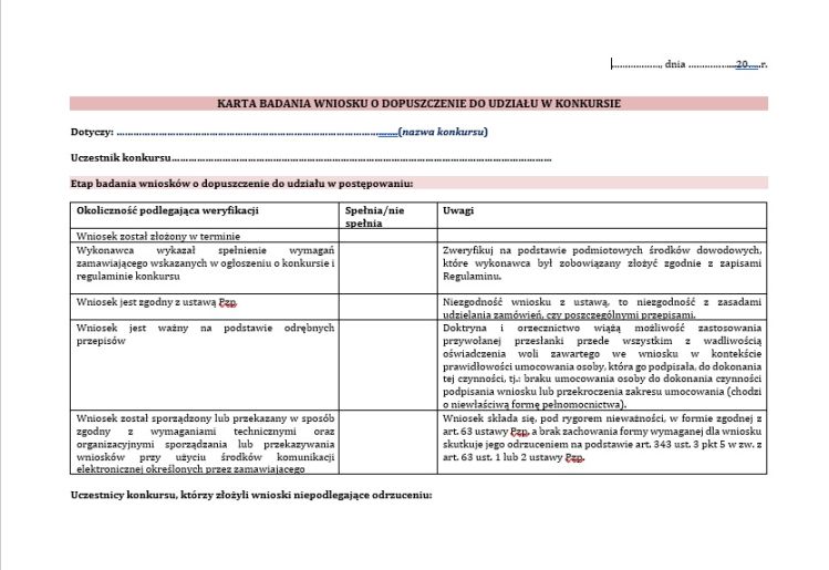 Karta oceny wniosków o dopuszczenie do udziału w konkursie – wzór