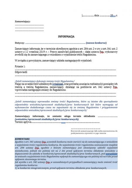 Odpowiedzi na zapytania wykonawców o treść regulaminu konkursu lub informacja o zmianie regulaminu konkursu – wzór dokumentu